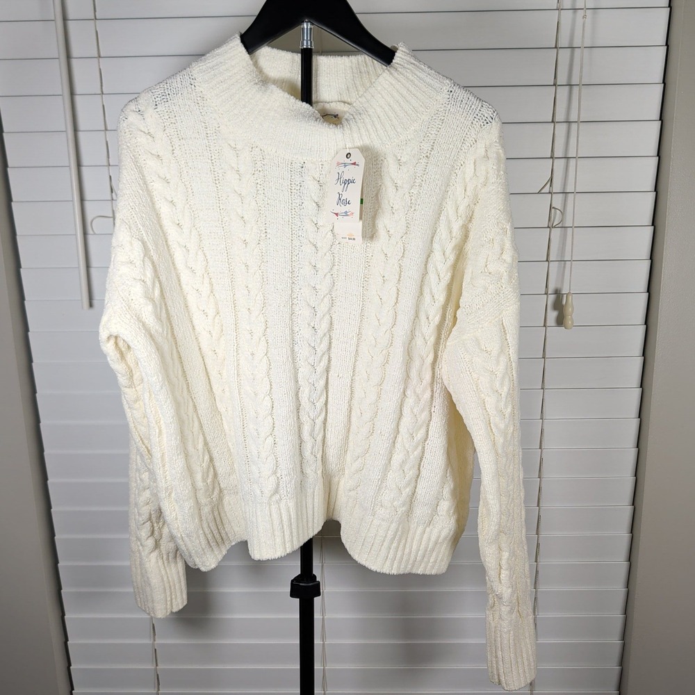 Hippie Rose Cable Knit Sweater Women Large Ivory Cozy Cables HF9S21824 NWT